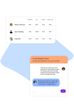 An image showing two sections: the top displays employee details lwhile the bottom features a conversation interface for a 1:1 meeting
