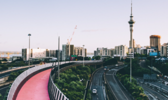 Skyline view of Auckland, New Zealand, featuring the Sky Tower and cityscape