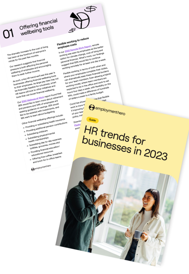 An image featuring the cover of a guide titled "HR trends for businesses in 2023."