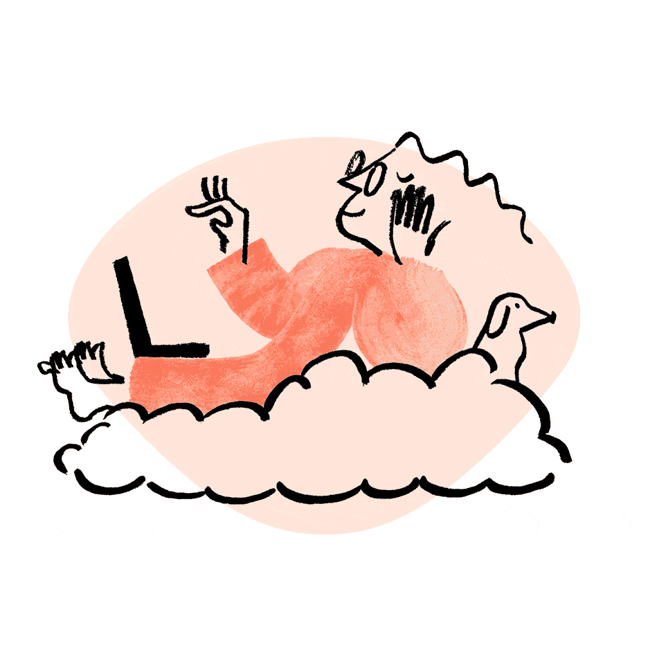 Illustration of a relaxed person sitting on a cloud with a laptop, accompanied by a dog, symbolizing ease and comfort in remote work or digital solutions