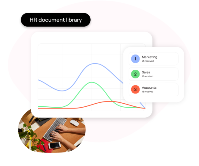 This image showcases an "HR document library" with a line graph displaying trends for three categories: "Marketing," "Sales," and "Accounts," each represented by a different color. A small overlay in the bottom left shows hands typing on a laptop, adding a collaborative and productivity-focused context.