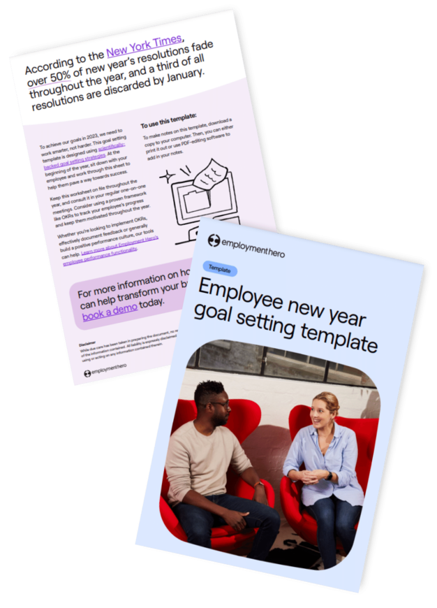 Cover and content preview of Employment Hero's 'Employee New Year Goal Setting Template,' featuring a blue cover with a photo of two colleagues in conversation