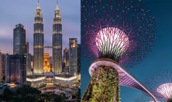 Side-by-side images of the Petronas Towers in Kuala Lumpur, Malaysia, and the Supertree Grove at Gardens by the Bay in Singapore