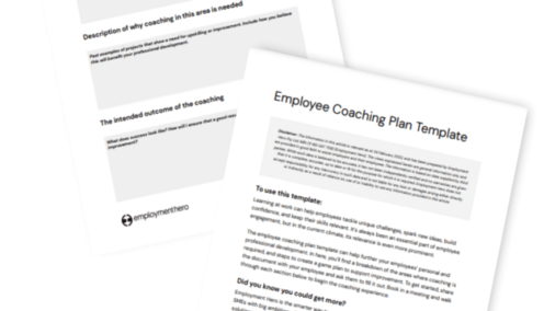 Two-page preview of Employment Hero's 'Employee Coaching Plan Template,' showing sections for employee information, coaching objectives, and structured guidance on creating a personalized coaching plan