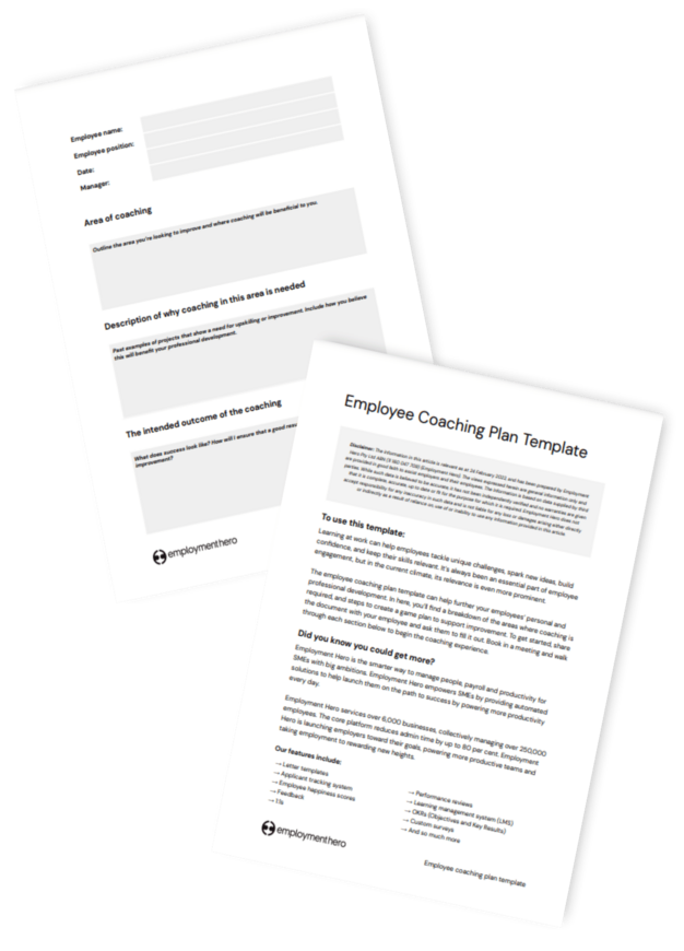 Two-page preview of Employment Hero's 'Employee Coaching Plan Template,' showing sections for employee information, coaching objectives, and structured guidance on creating a personalized coaching plan