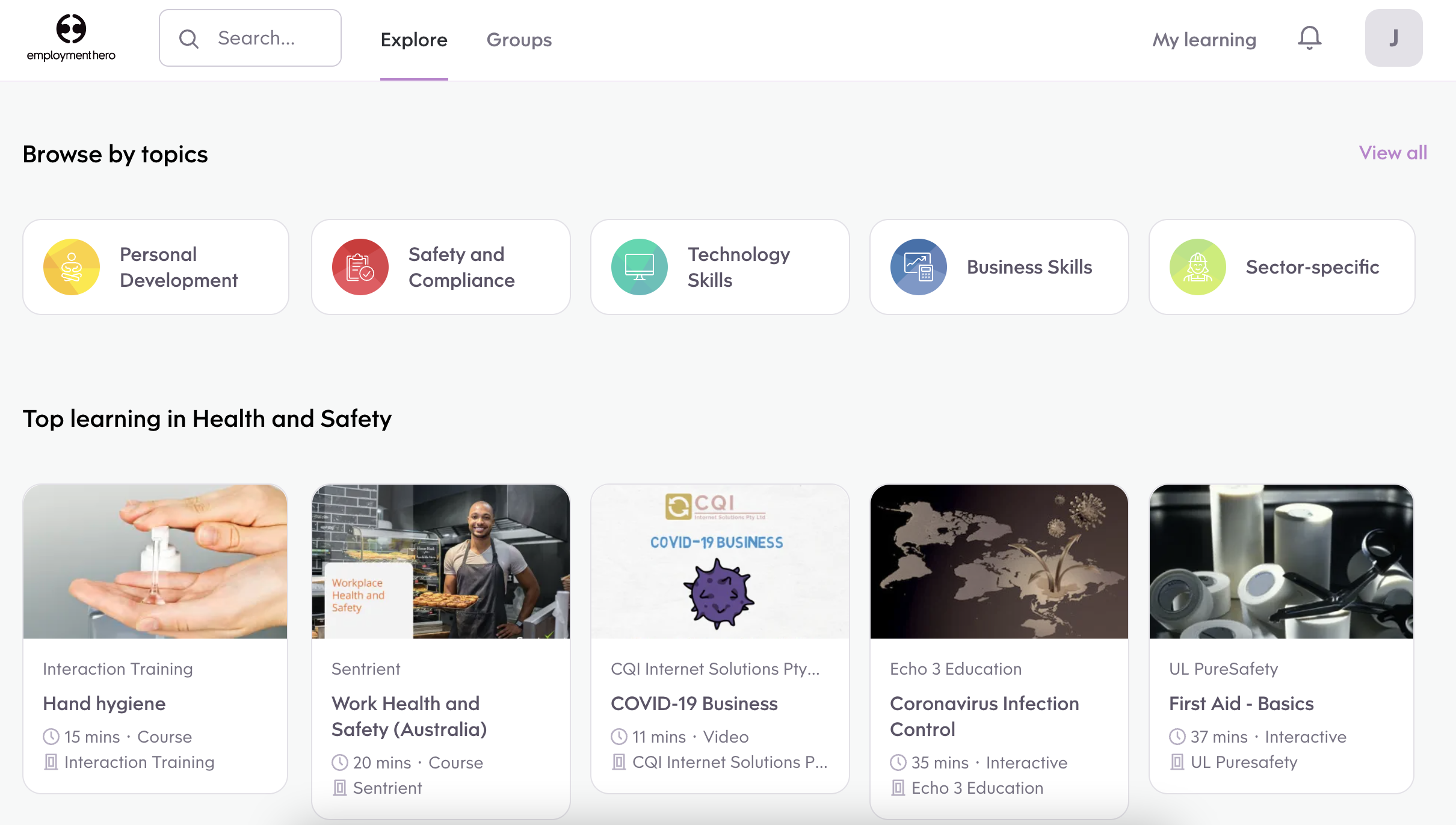 Website interface showing educational courses. Sections: "Browse by topics" with categories and "Top learning in Health and Safety" listing five courses with images. Categories: Personal Development, Safety and Compliance, Technology Skills, Business Skills, Sector-specific. Courses: Hand hygiene, Work Health and Safety (Australia), COVID-19 Business, Coronavirus Infection Control, First Aid - Basics.