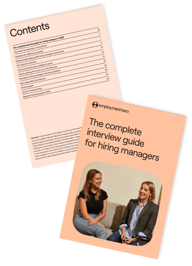 Cover and contents page of 'The Complete Interview Guide for Hiring Managers' by Employment Hero, featuring a peach-colored cover with a photo of two people engaged in conversation