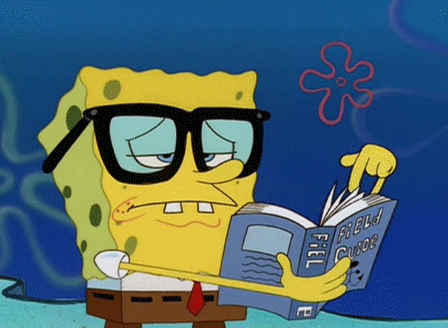 SpongeBob SquarePants wears black glasses and a business shirt with a red tie, reading a "Field Guide" book underwater, with a pink flower-shaped object floating and blue water background.