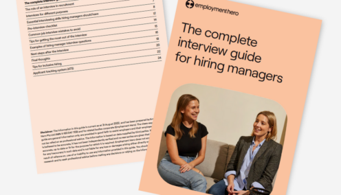 Cover and contents page of 'The Complete Interview Guide for Hiring Managers' by Employment Hero, featuring a peach-colored cover with a photo of two people engaged in conversation
