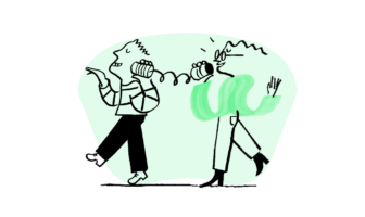 Quinn calling a friend through a tin can phone with a light neon green background graphic