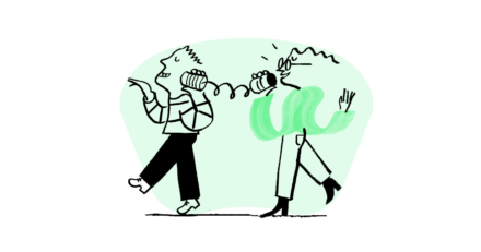 Quinn calling a friend through a tin can phone with a light neon green background graphic