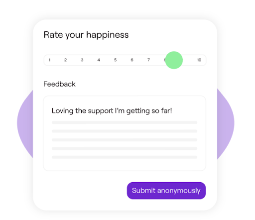  A happiness survey form asks, "Rate your happiness." A green icon is placed between 8 and 9 on a scale from 1 to 10. Below that, there is a blank space where you can type your feedback. On the bottom left is a purple icon labeled "Submit Anonymously."
