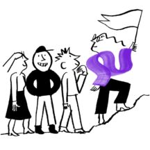An illustration of Quinn holding a flag and leading people to the summit