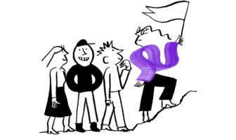 An illustration of Quinn holding a flag and leading people to the summit