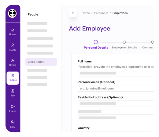 User interface for adding a new employee in an HR management system, showing fields for personal details like full name, email, and residential address. The navigation menu on the left highlights 'People' under 'Global Teams.'