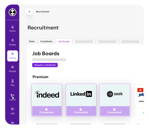 Recruitment dashboard interface displaying connected job boards under the 'Job Boards' tab, including Indeed, LinkedIn, and SEEK. The navigation menu on the left highlights 'Hiring' with options for roles, candidates, and job boards.