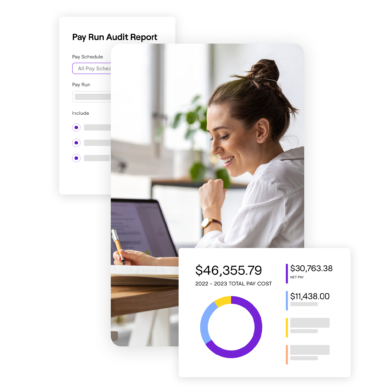 A woman working and some statistics about pay runs