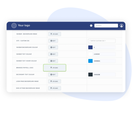 A screenshot of a customization interface with options to upload images and adjust colors for a user interface, such as logo and text colors.