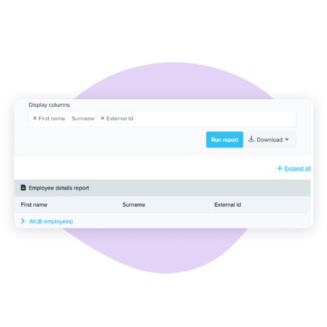 Screenshot showing an employee details report with options to select display columns, run the report, and download the data
