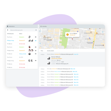 Screenshot of a dashboard displaying a live view of employee attendance and location on a map. The interface shows employee statuses, such as 'Clocked in' and 'On Break,' alongside a map