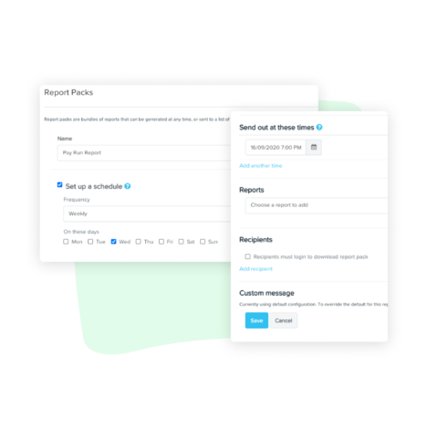 A screenshot of the "Report Packs" interface, displaying options to set up a schedule, select reports, and configure recipients for automated report distribution.