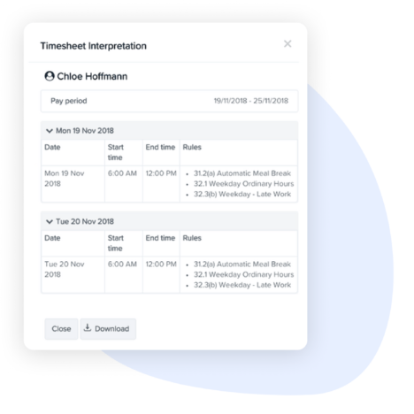 A screenshot of the "Timesheet Interpretation" interface displaying detailed timesheet data for an employee, including date, start and end times, and applied rules for each workday.