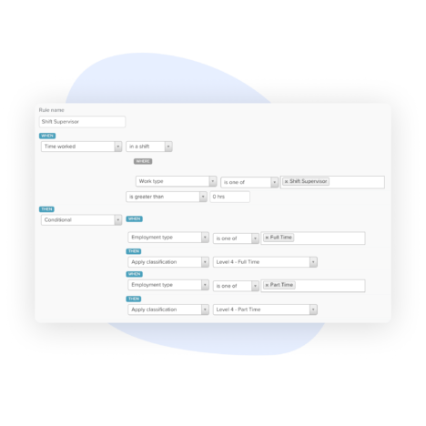 Screenshot of a pay conditions settings page showing various rule configurations, including criteria for work type, shift duration, and employee classification
