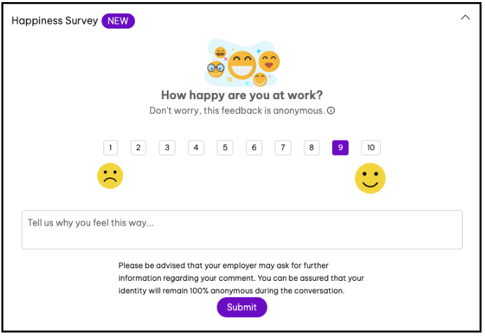 A 'Happiness Survey' form asking 'How happy are you at work?' with a 1-10 rating scale, ranging from a sad face (1) to a happy face (10)
