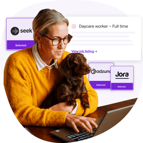 Woman working on a laptop with her dog, surrounded by job listing platforms