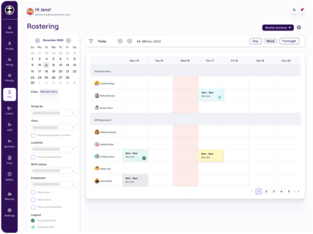 Roster management dashboard displaying a weekly schedule with employee shifts, calendar navigation, and filtering options on the side panel