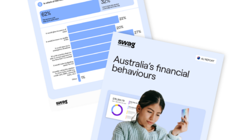 "A two-page document mockup titled 'Australia's Financial Behaviours.' The cover features a woman reviewing financial information with data visuals overlaid, symbolizing financial insights.