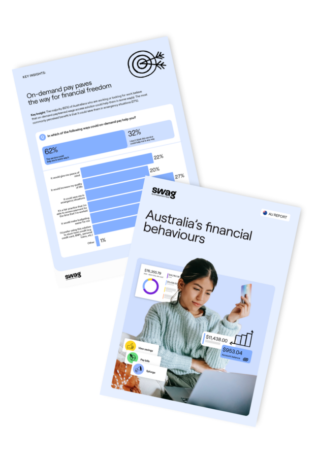 "A two-page document mockup titled 'Australia's Financial Behaviours.' The cover features a woman reviewing financial information with data visuals overlaid, symbolizing financial insights.