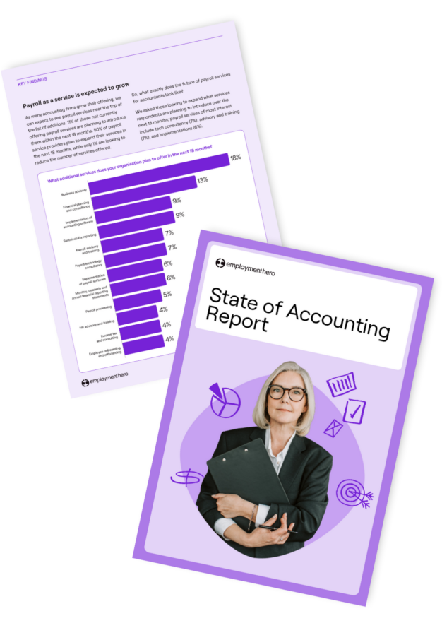 Two overlapping documents: one showing a chart and text, and the other titled 'State of Accounting Report,' featuring an image of a woman in business attire with illustrated accounting-related icons around her