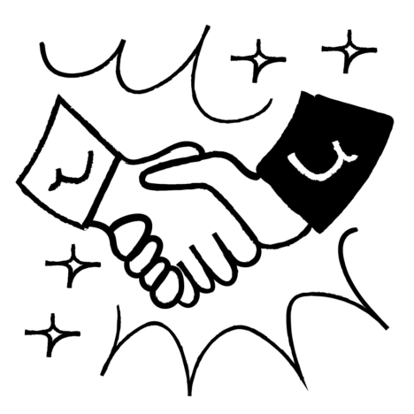 graphic of two hands shaking, surrounded by sparkles