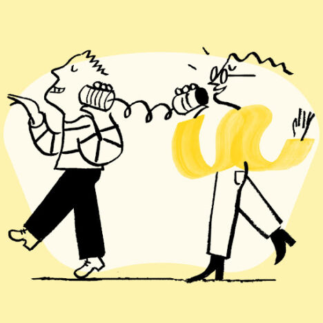 Playful illustration of two people communicating using tin can telephones, with vibrant yellow accents on a light yellow background.