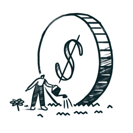 An illustration of a person watering a small plant next to a large coin with a dollar symbol