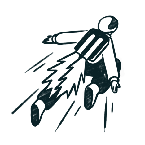 An illustration of a person in a jetpack with dynamic lines and energy streaks behind them