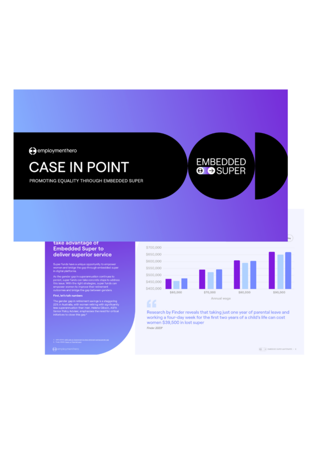 Cover and inside page of Employment Hero's 'Case in Point' report, titled 'Promoting Equality through Embedded Super.' The design features a gradient from blue to purple with stylized elements and bar charts.