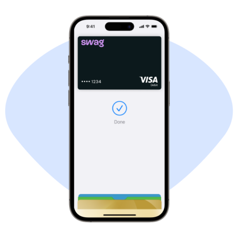 An image of a smartphone displaying a Swag Visa debit card