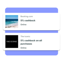 An illustration showcasing cashback offers from Booking.com and The Iconic, each offering 5% cashback on online purchases, set against a blue background