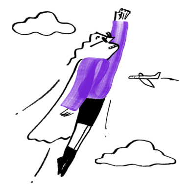 An illustration of Quinn in a purple shirt, soaring through the skies with a cape