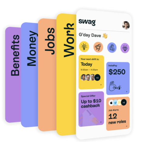 An illustration showcasing different sections of the Swag app, including Benefits, Money, Jobs, and Work