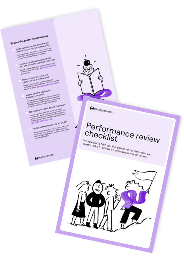 Two pages of a performance review checklist document. The front cover shows the title 'Performance Review Checklist' along with a playful illustration of a group of people