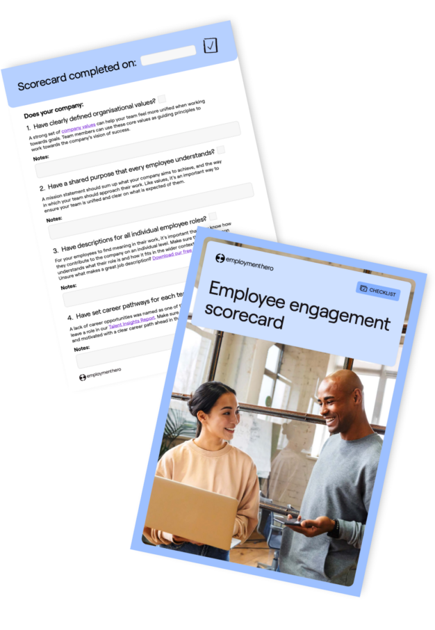 Two pages of an employee engagement scorecard document. The front cover shows the title 'Employee Engagement Scorecard' and features a friendly interaction between two colleagues in a casual workspace