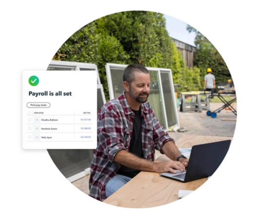 A photo of a man wearing a plaid shirt, working on a laptop outdoors at a construction site. A digital overlay shows a notification that reads, "Payroll is all set,"