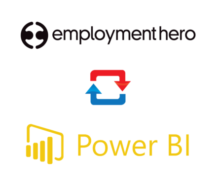 Logos of Employment Hero, Power BI, and a syncing icon in between