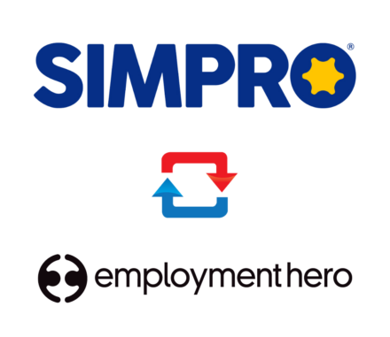 Logos of SimPRO and Employment Hero connected by a two-way arrow