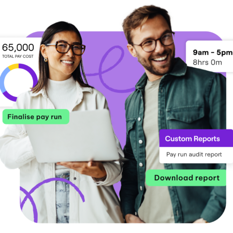 A man and a woman with statistic graphics around them