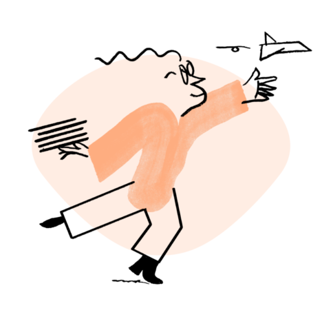An illustration of Quinn, leaning forward and setting a paper plane in motion