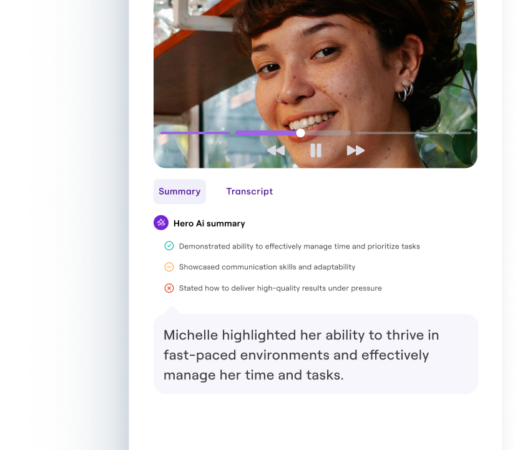 A graphic showcasing a candidate's video response to an interview question about managing time in a fast-paced environment. The response includes a transcript and an AI-generated summary